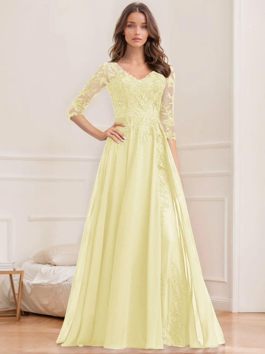 V-Neck A-Line Princess Floor-Length Mother of the Bride Sequined Dress with Half Sleeves