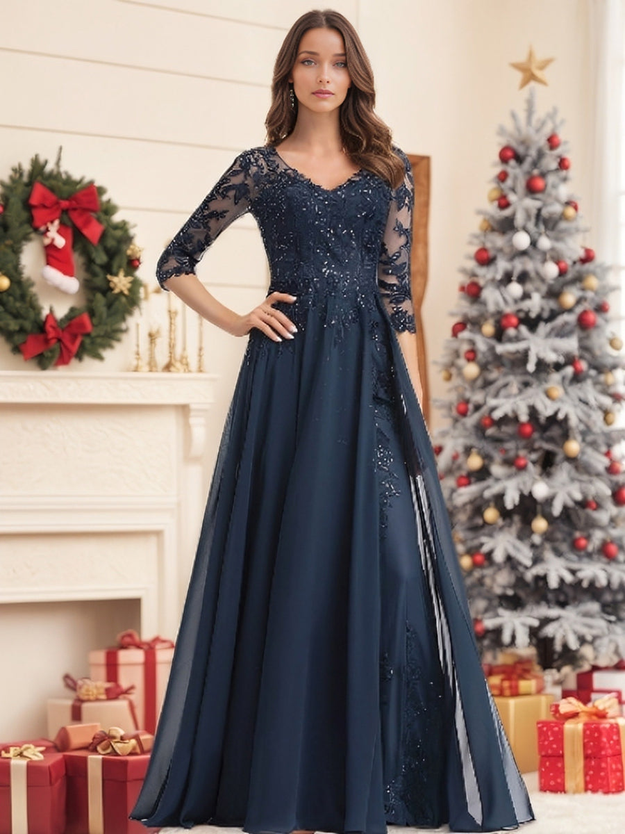 V-Neck A-Line Princess Floor-Length Mother of the Bride Sequined Dress with Half Sleeves