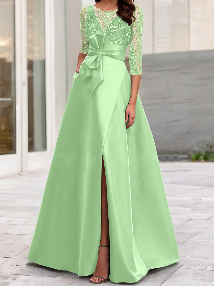 Mother of the Bride A-Line Princess Dress with Illusion Neck and 3/4 Split Sleeves