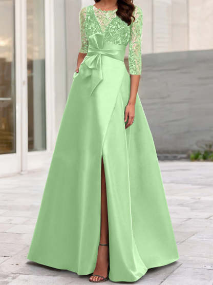 Mother of the Bride A-Line Princess Dress with Illusion Neck and 3/4 Split Sleeves