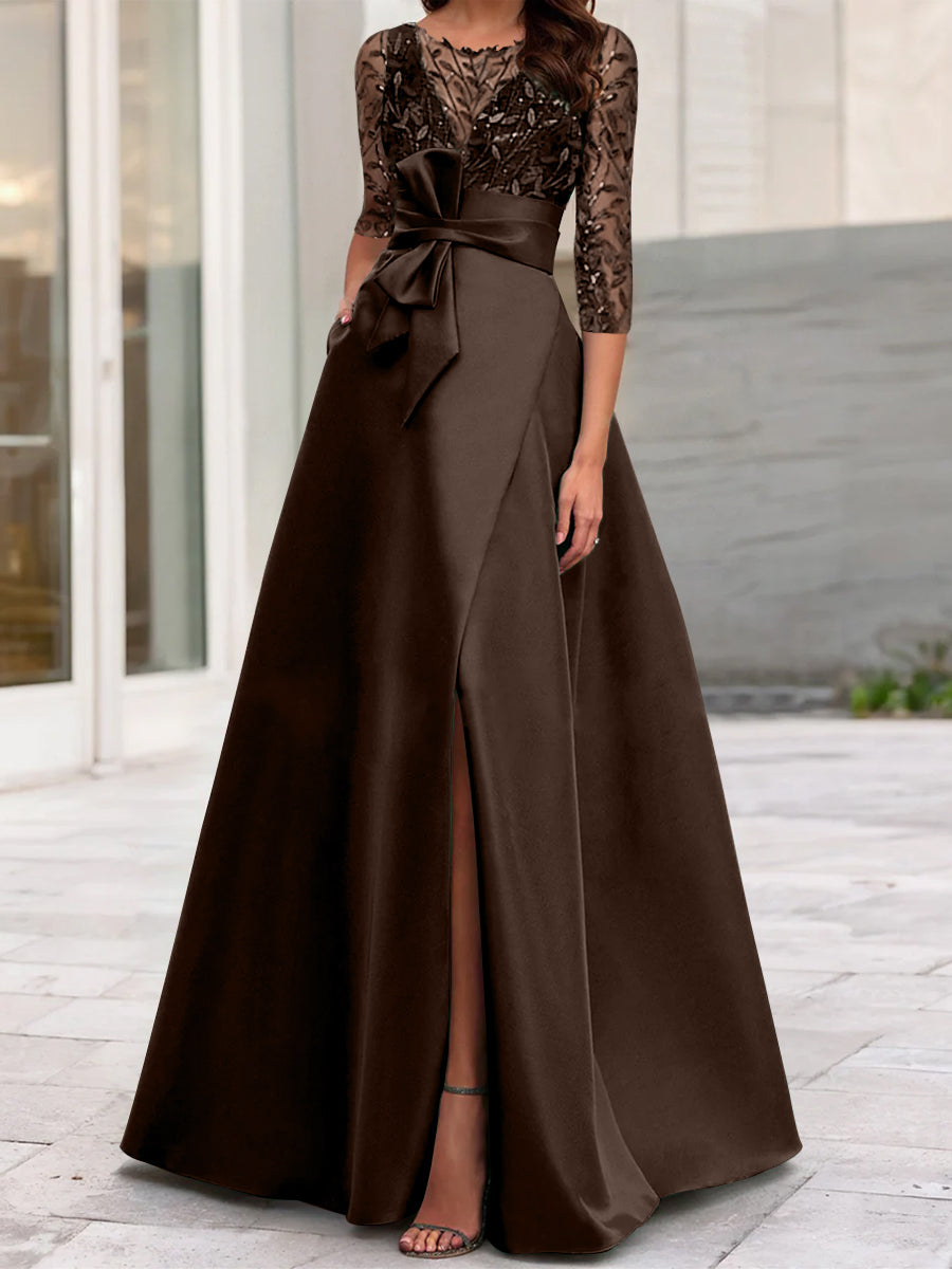 Mother of the Bride A-Line Princess Dress with Illusion Neck and 3/4 Split Sleeves