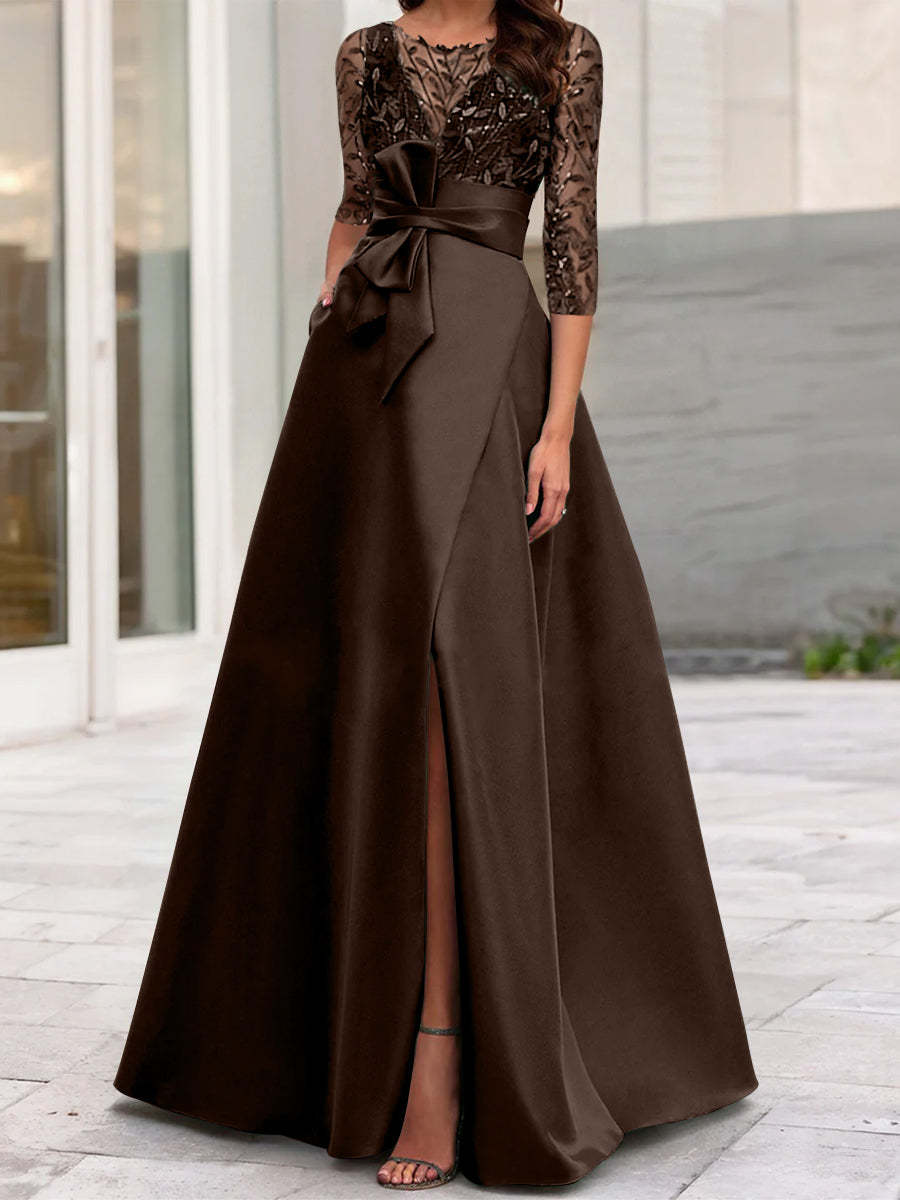 Mother of the Bride A-Line Princess Dress with Illusion Neck and 3/4 Split Sleeves