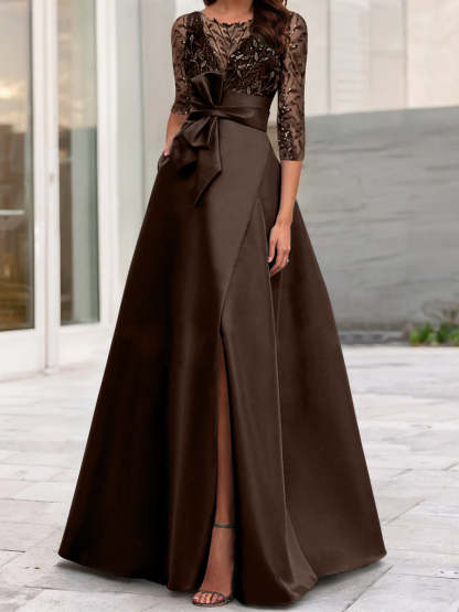 Mother of the Bride A-Line Princess Dress with Illusion Neck and 3/4 Split Sleeves