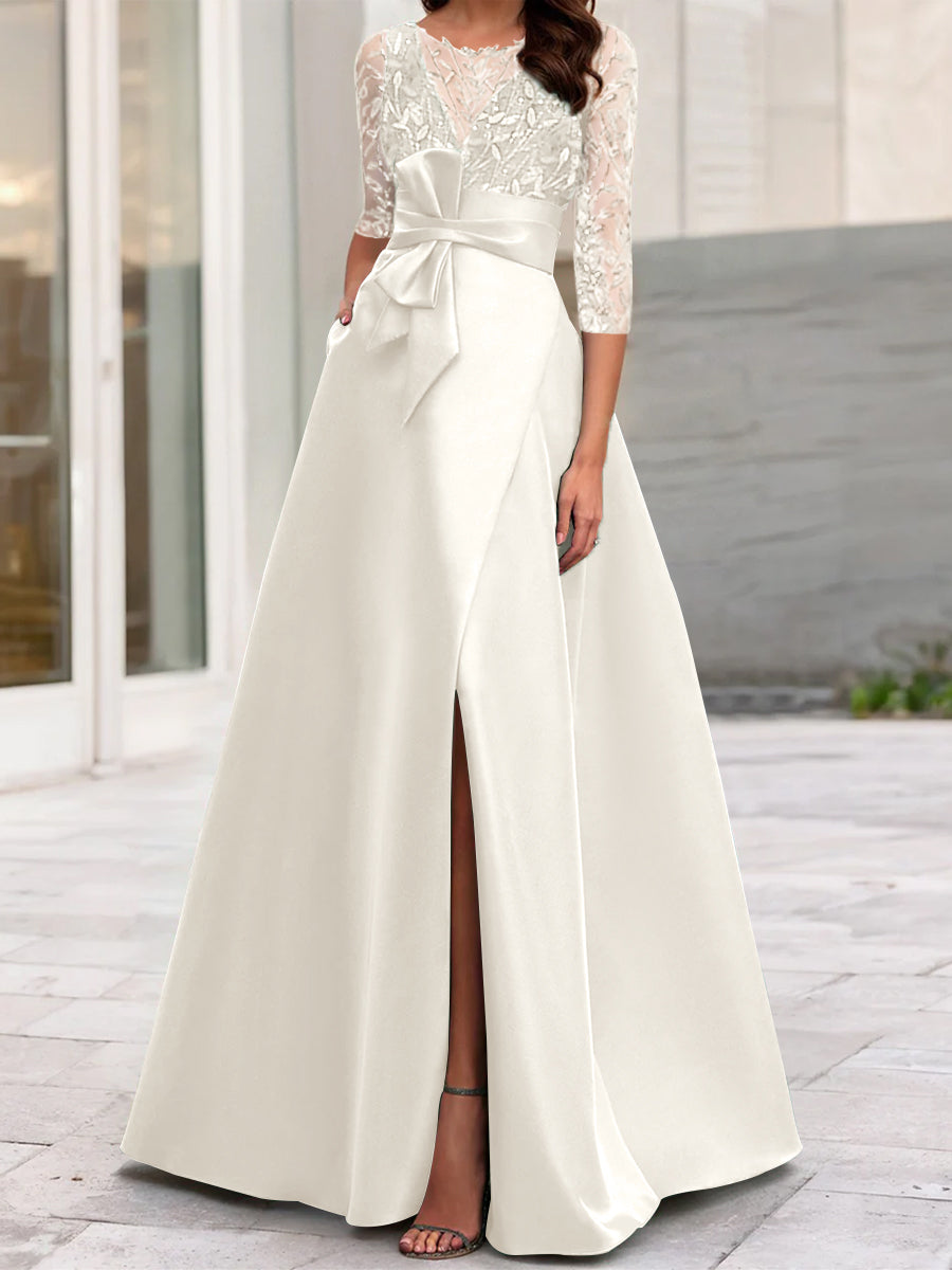 Mother of the Bride A-Line Princess Dress with Illusion Neck and 3/4 Split Sleeves