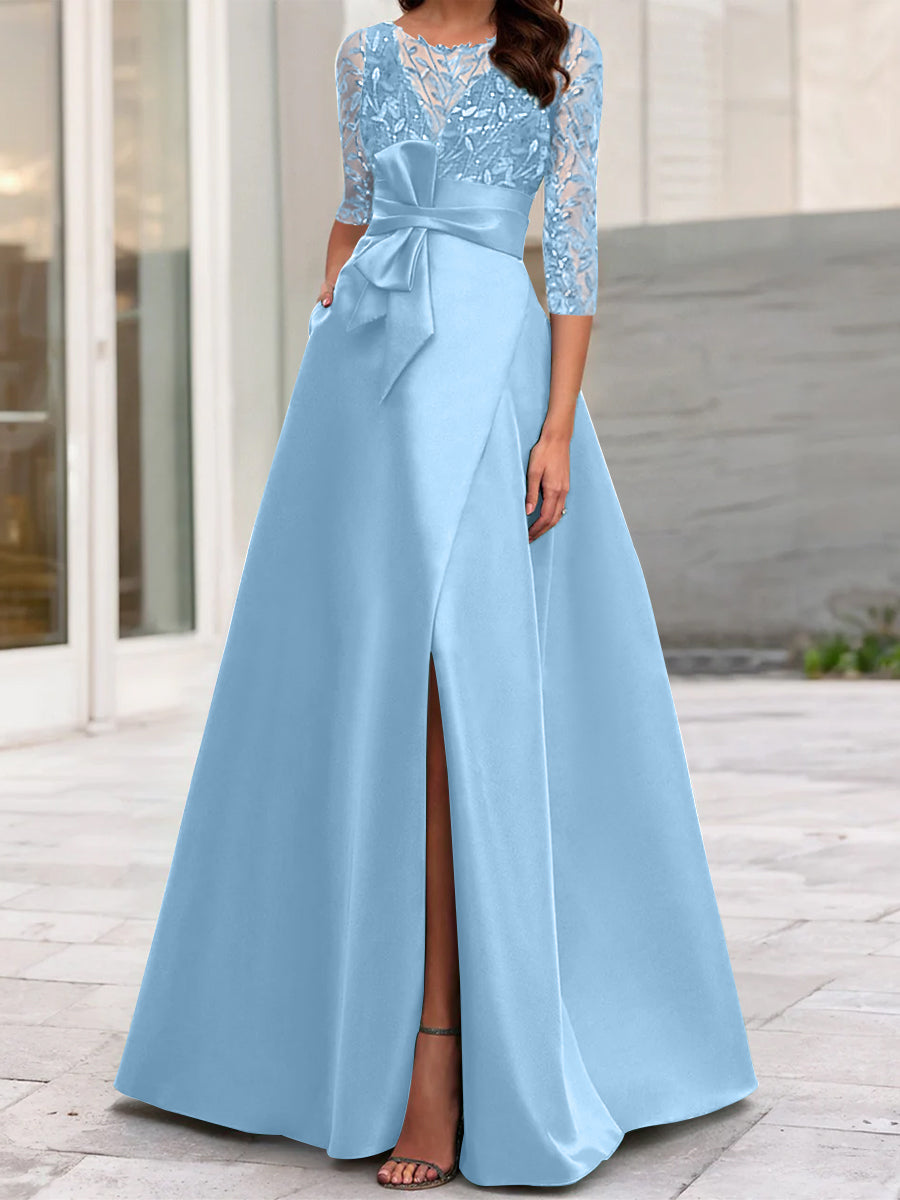 Mother of the Bride A-Line Princess Dress with Illusion Neck and 3/4 Split Sleeves