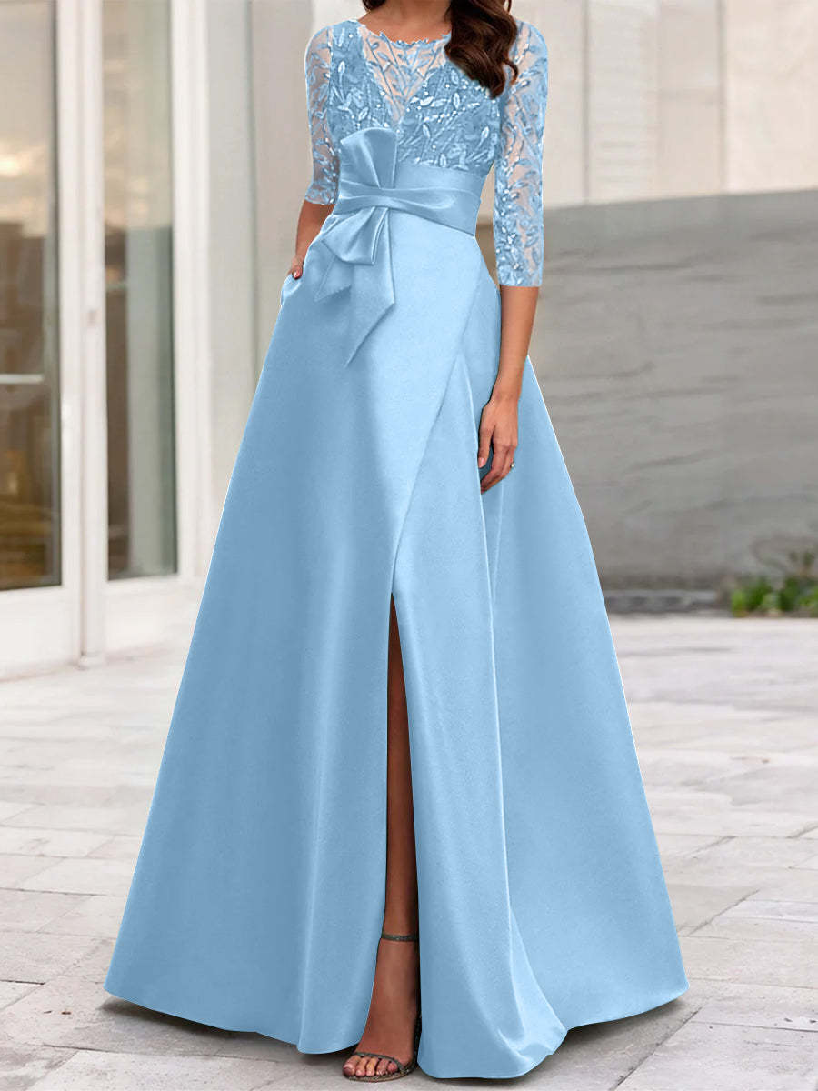 Mother of the Bride A-Line Princess Dress with Illusion Neck and 3/4 Split Sleeves