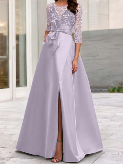 Mother of the Bride A-Line Princess Dress with Illusion Neck and 3/4 Split Sleeves