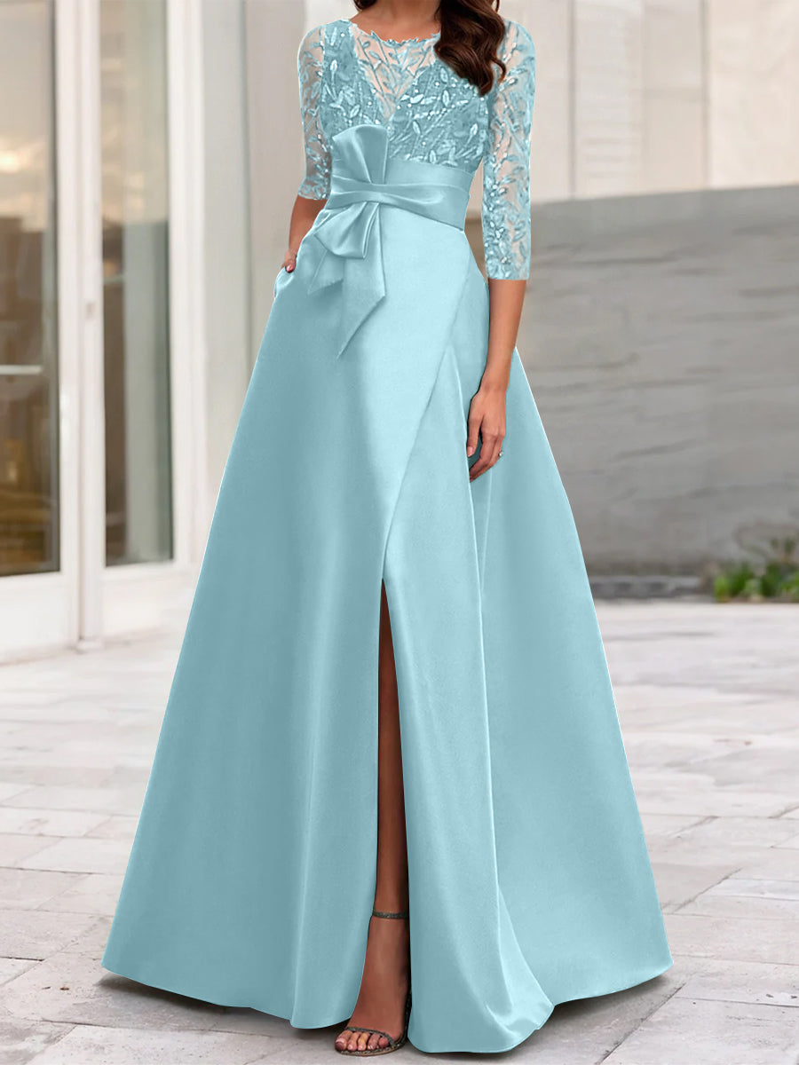 Mother of the Bride A-Line Princess Dress with Illusion Neck and 3/4 Split Sleeves