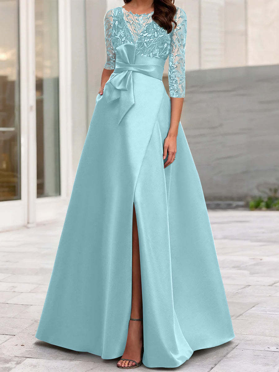 Mother of the Bride A-Line Princess Dress with Illusion Neck and 3/4 Split Sleeves