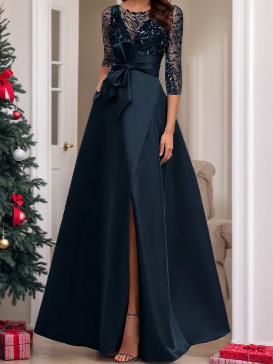 Mother of the Bride A-Line Princess Dress with Illusion Neck and 3/4 Split Sleeves