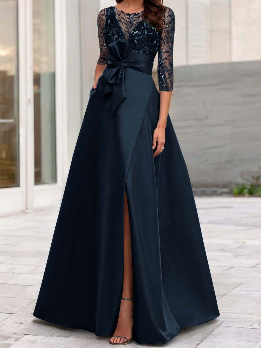 Mother of the Bride A-Line Princess Dress with Illusion Neck and 3/4 Split Sleeves