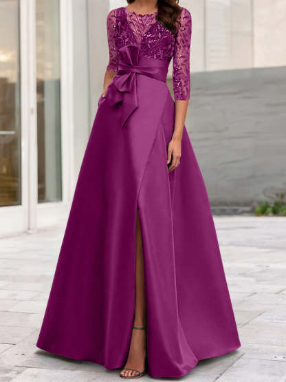 Mother of the Bride A-Line Princess Dress with Illusion Neck and 3/4 Split Sleeves
