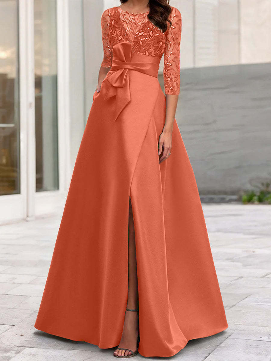 Mother of the Bride A-Line Princess Dress with Illusion Neck and 3/4 Split Sleeves