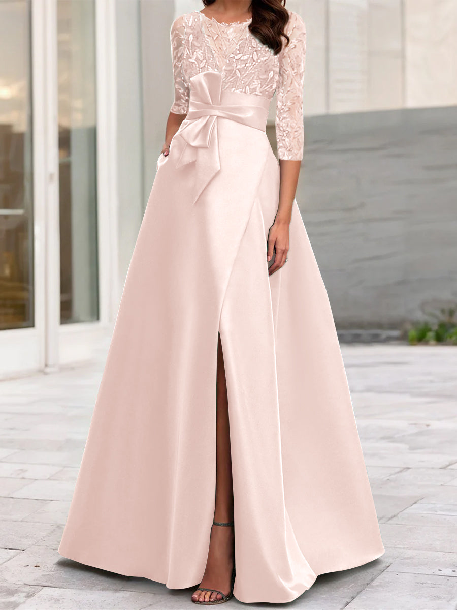 Mother of the Bride A-Line Princess Dress with Illusion Neck and 3/4 Split Sleeves