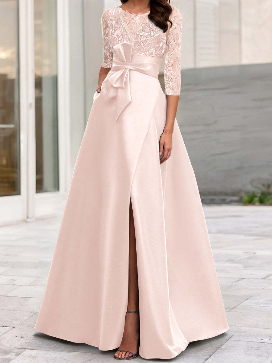 Mother of the Bride A-Line Princess Dress with Illusion Neck and 3/4 Split Sleeves