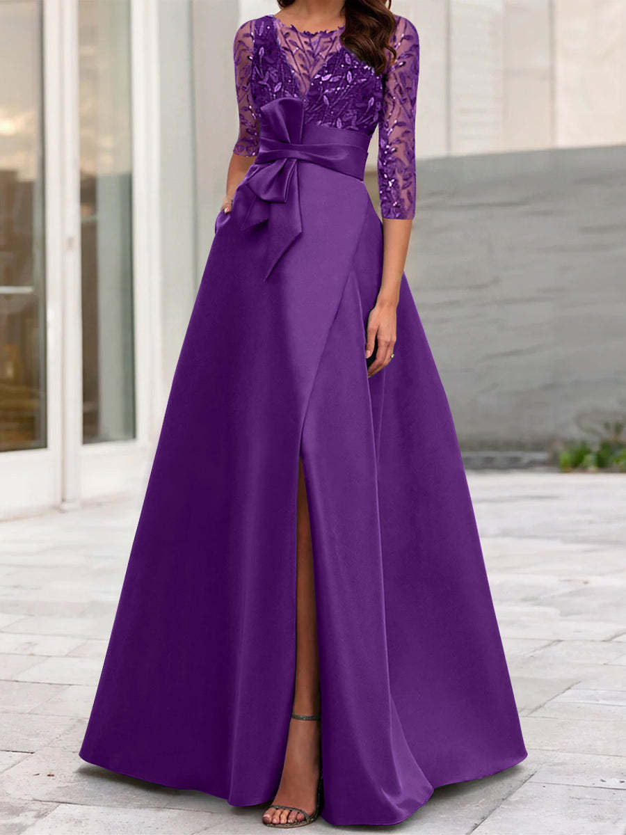Mother of the Bride A-Line Princess Dress with Illusion Neck and 3/4 Split Sleeves