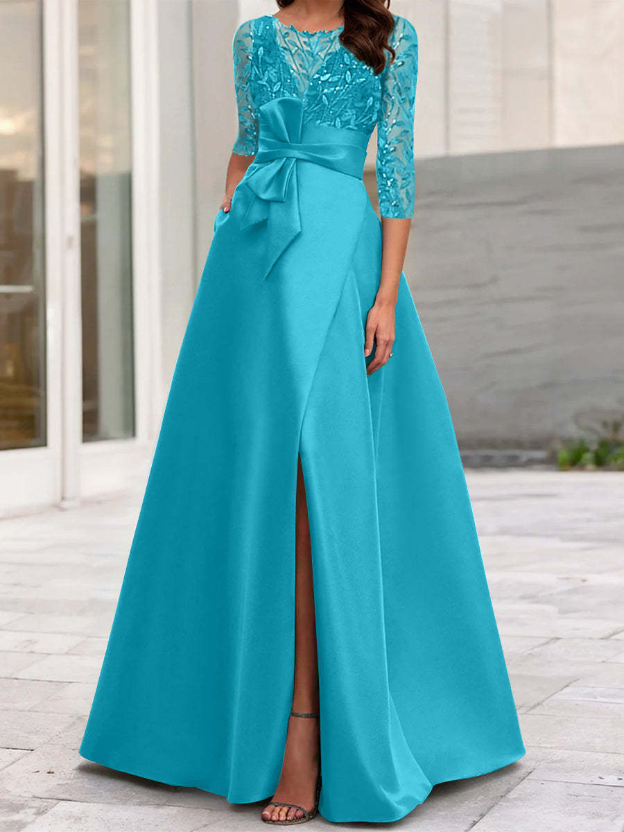 Mother of the Bride A-Line Princess Dress with Illusion Neck and 3/4 Split Sleeves