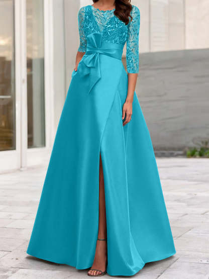 Mother of the Bride A-Line Princess Dress with Illusion Neck and 3/4 Split Sleeves