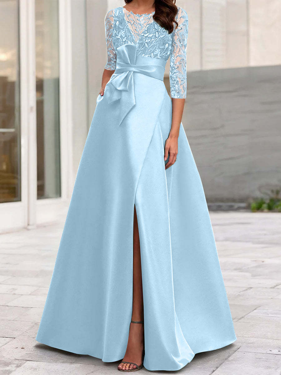 Mother of the Bride A-Line Princess Dress with Illusion Neck and 3/4 Split Sleeves