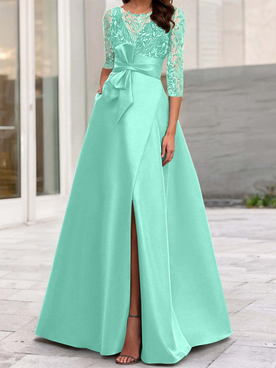 Mother of the Bride A-Line Princess Dress with Illusion Neck and 3/4 Split Sleeves