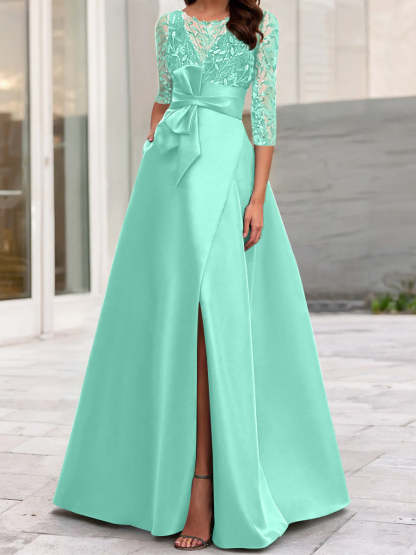 Mother of the Bride A-Line Princess Dress with Illusion Neck and 3/4 Split Sleeves