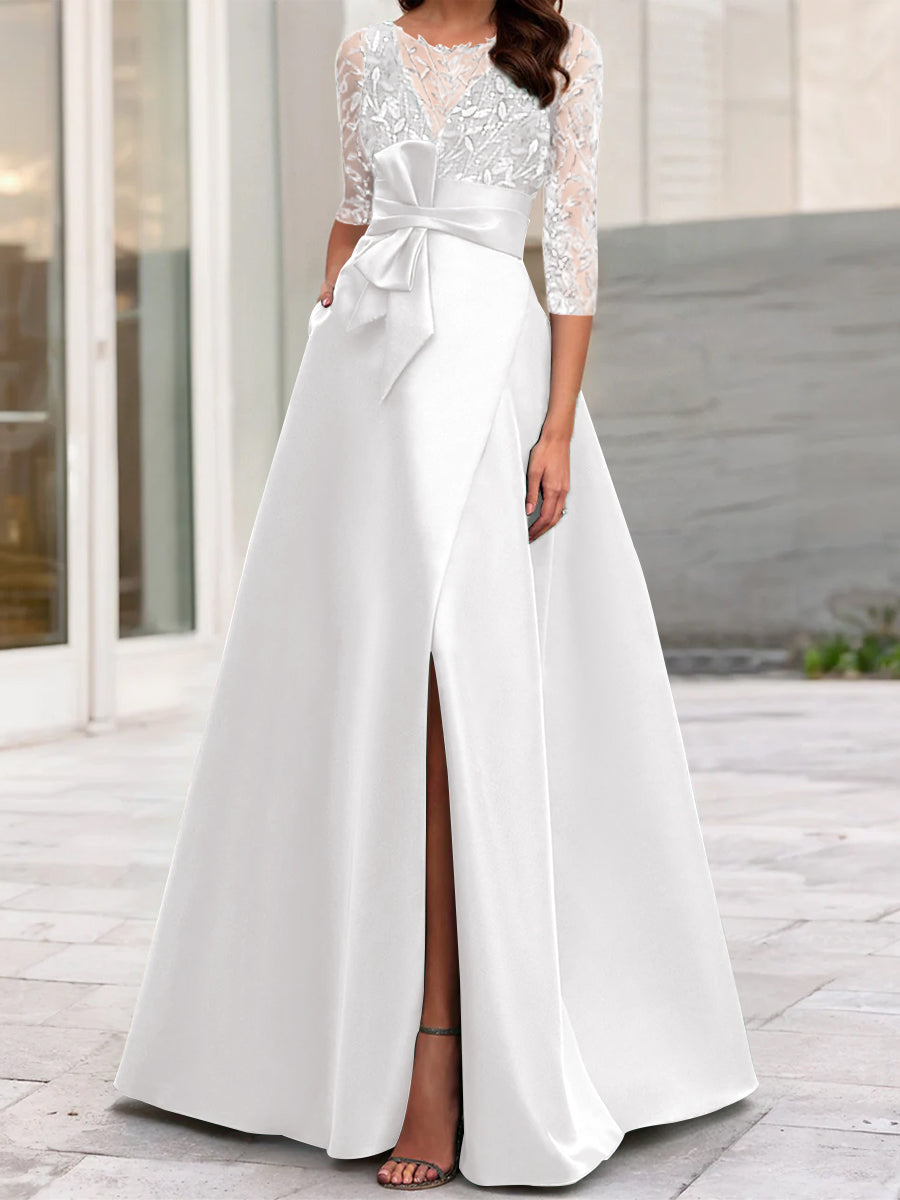 Mother of the Bride A-Line Princess Dress with Illusion Neck and 3/4 Split Sleeves