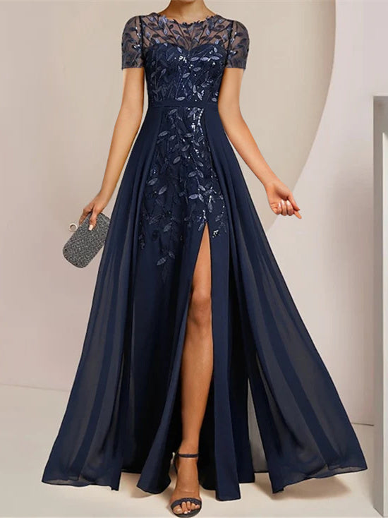 Floor-Length Mother of the Bride A-Line Dress with Scoop Neckline and Sequined Side Ruffles