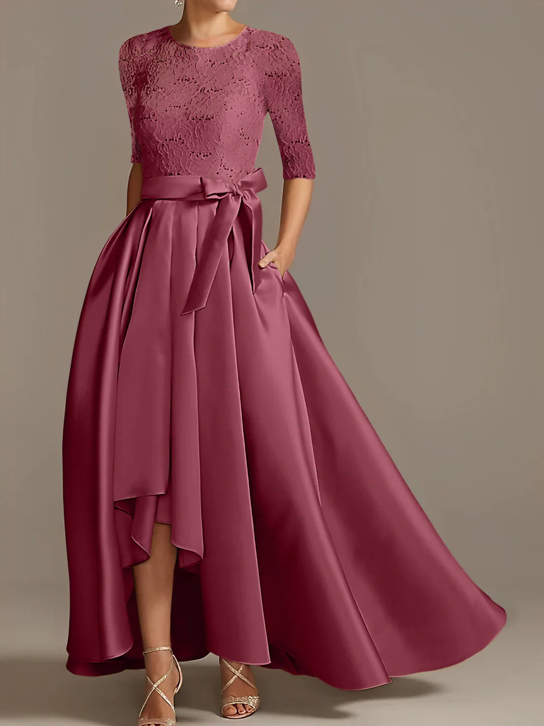 Floor-Length Half-Sleeve A-Line Mother of the Bride Dress with Ruffles and Bow(s)