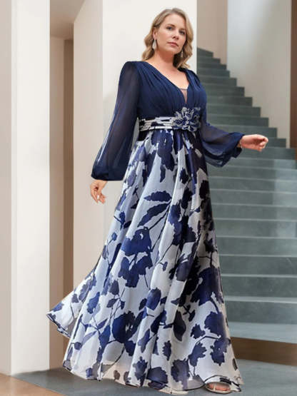 Floral Floor-Length V-Neck Princess A-Line Mother of the Bride Dress With Flower