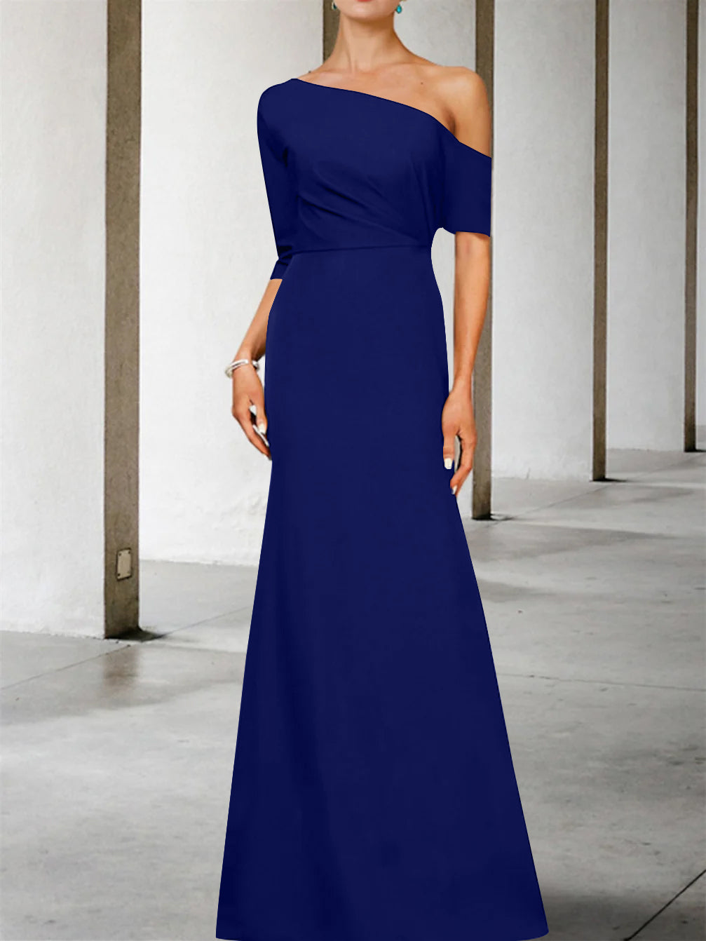 One-Shoulder A-Line Princess Gown with 3/4 Sleeves for the Mother of the Bride