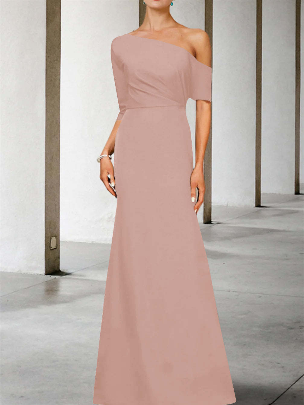One-Shoulder A-Line Princess Gown with 3/4 Sleeves for the Mother of the Bride