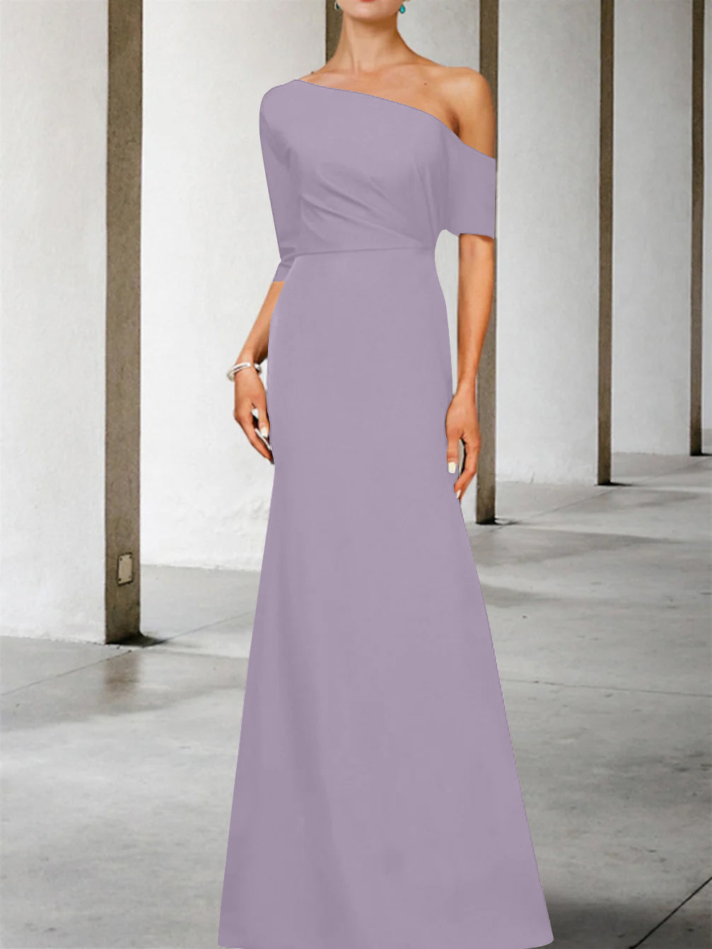 One-Shoulder A-Line Princess Gown with 3/4 Sleeves for the Mother of the Bride