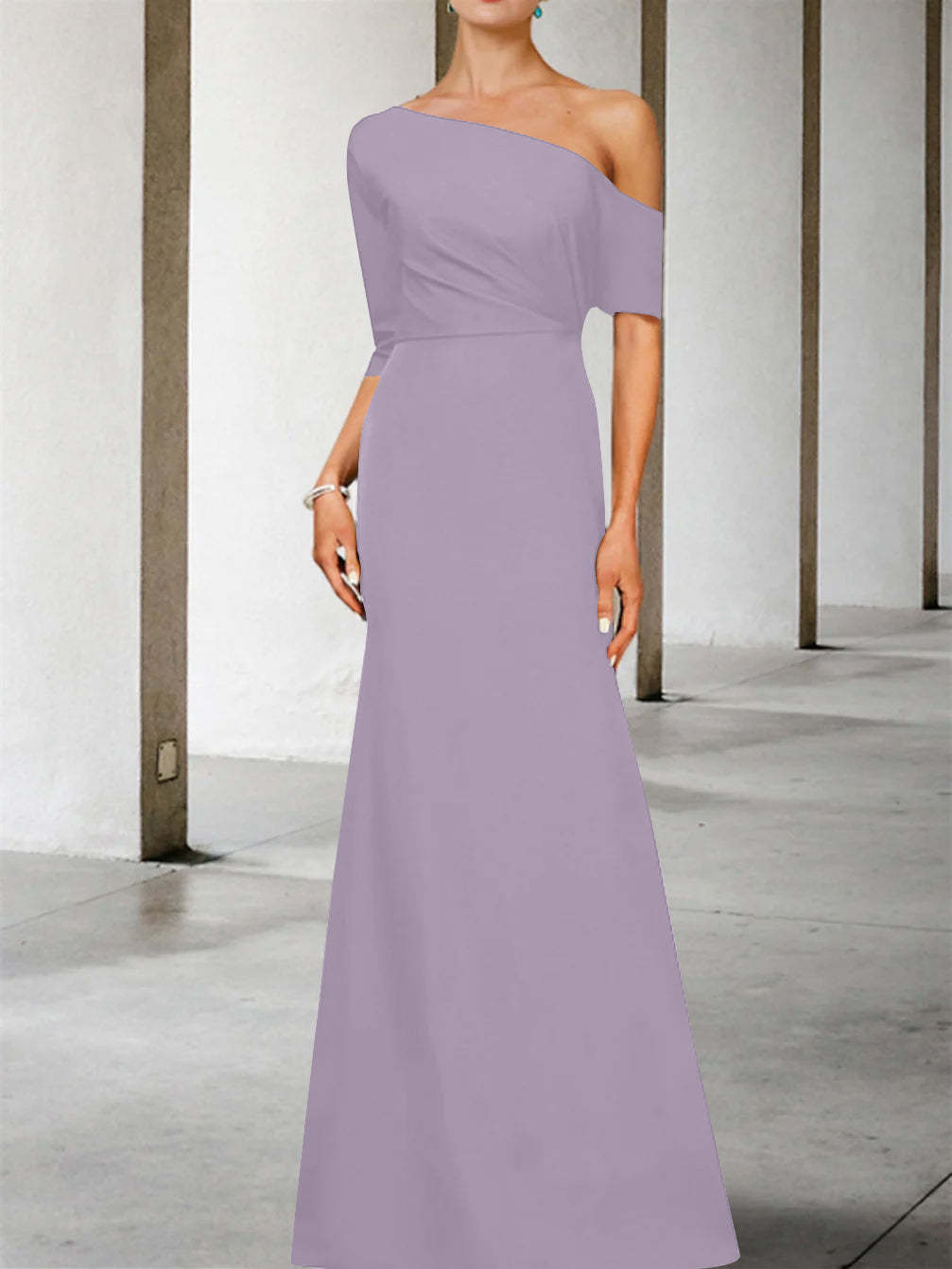 One-Shoulder A-Line Princess Gown with 3/4 Sleeves for the Mother of the Bride