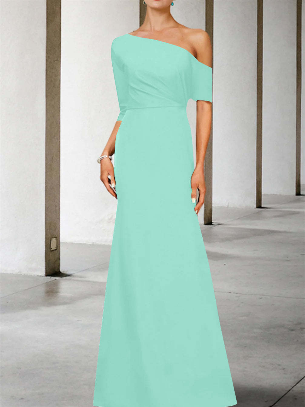 One-Shoulder A-Line Princess Gown with 3/4 Sleeves for the Mother of the Bride