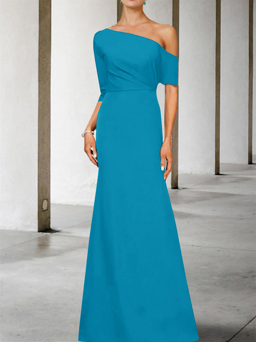 One-Shoulder A-Line Princess Gown with 3/4 Sleeves for the Mother of the Bride
