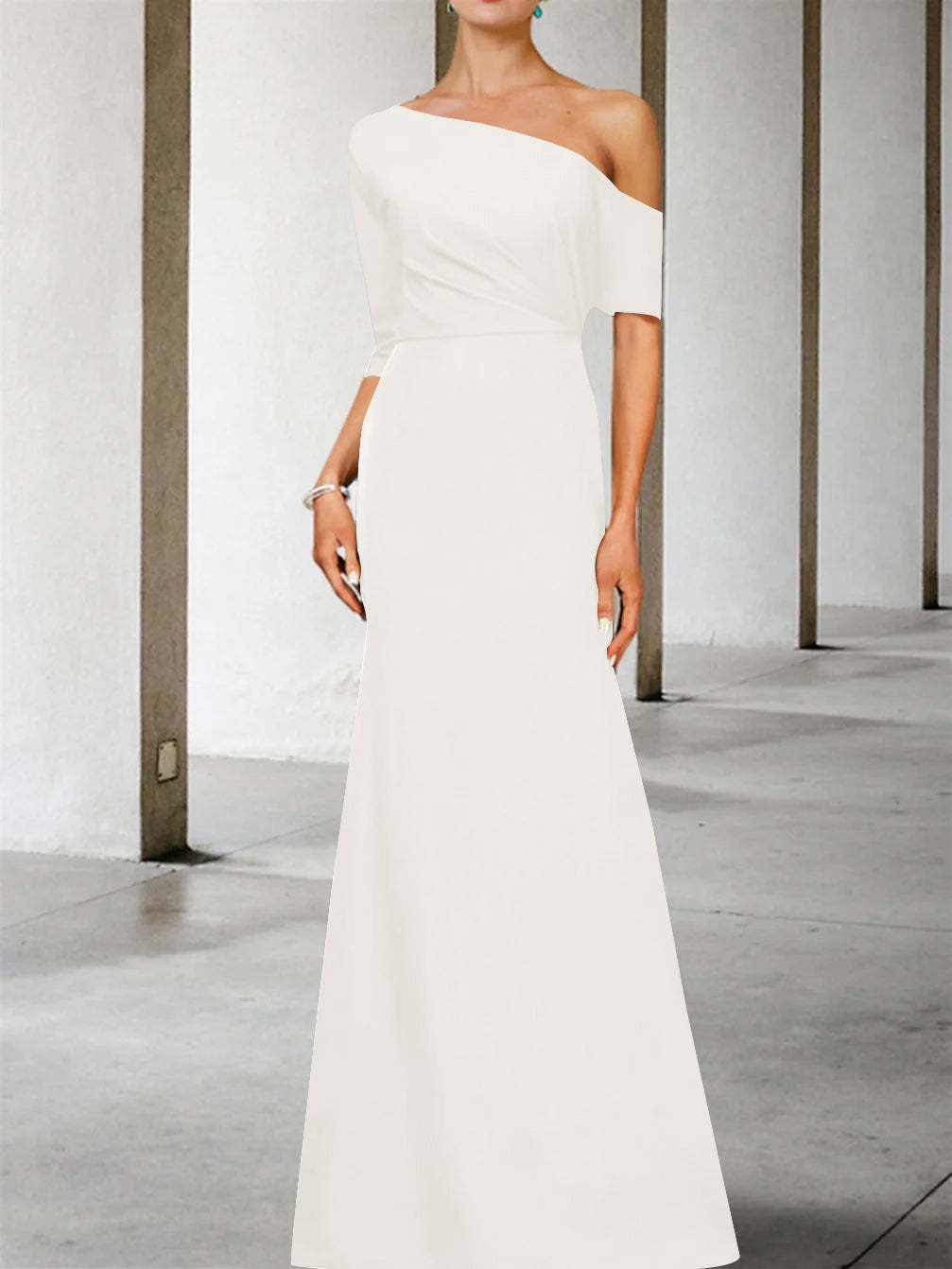 One-Shoulder A-Line Princess Gown with 3/4 Sleeves for the Mother of the Bride