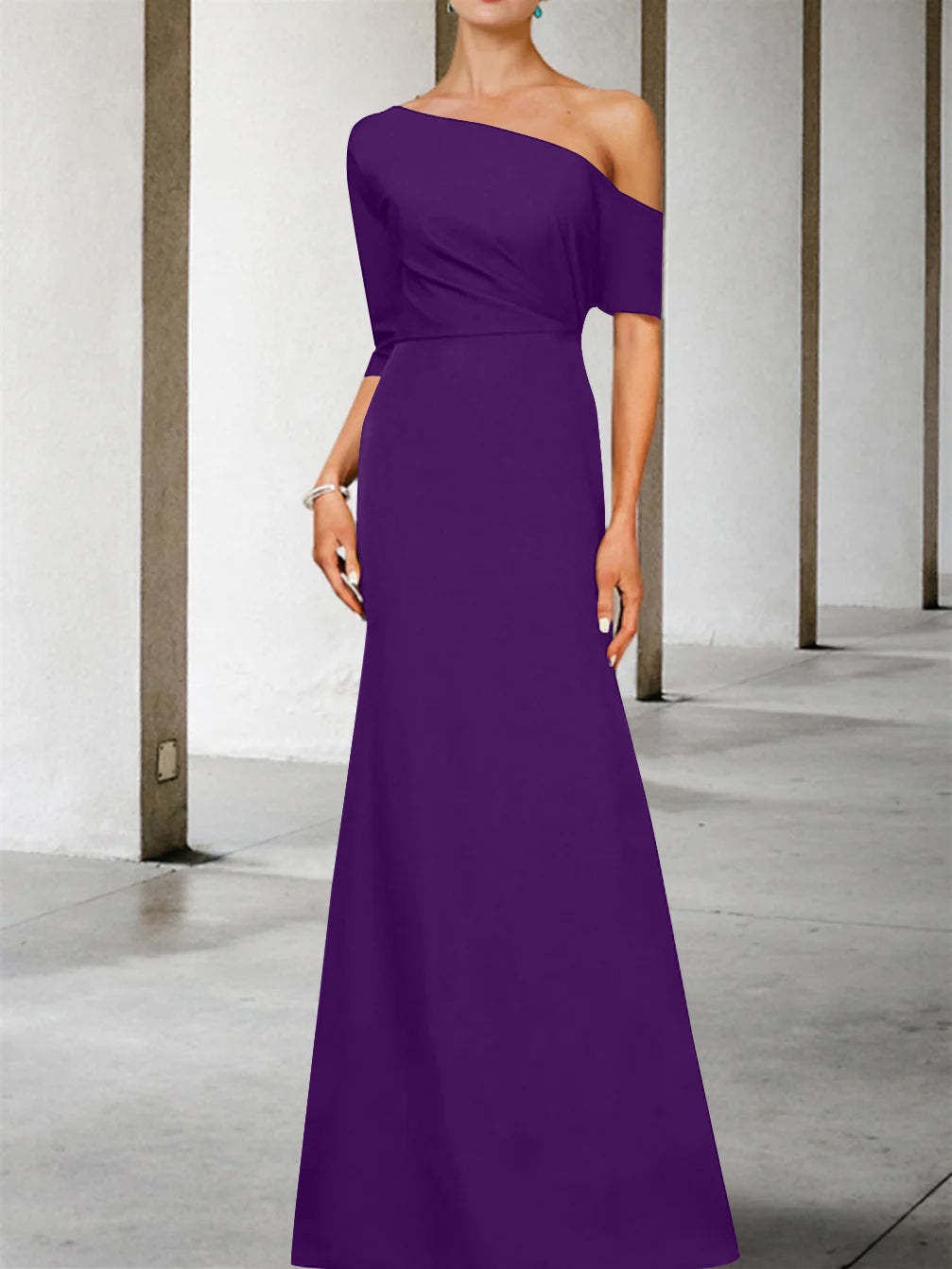 One-Shoulder A-Line Princess Gown with 3/4 Sleeves for the Mother of the Bride