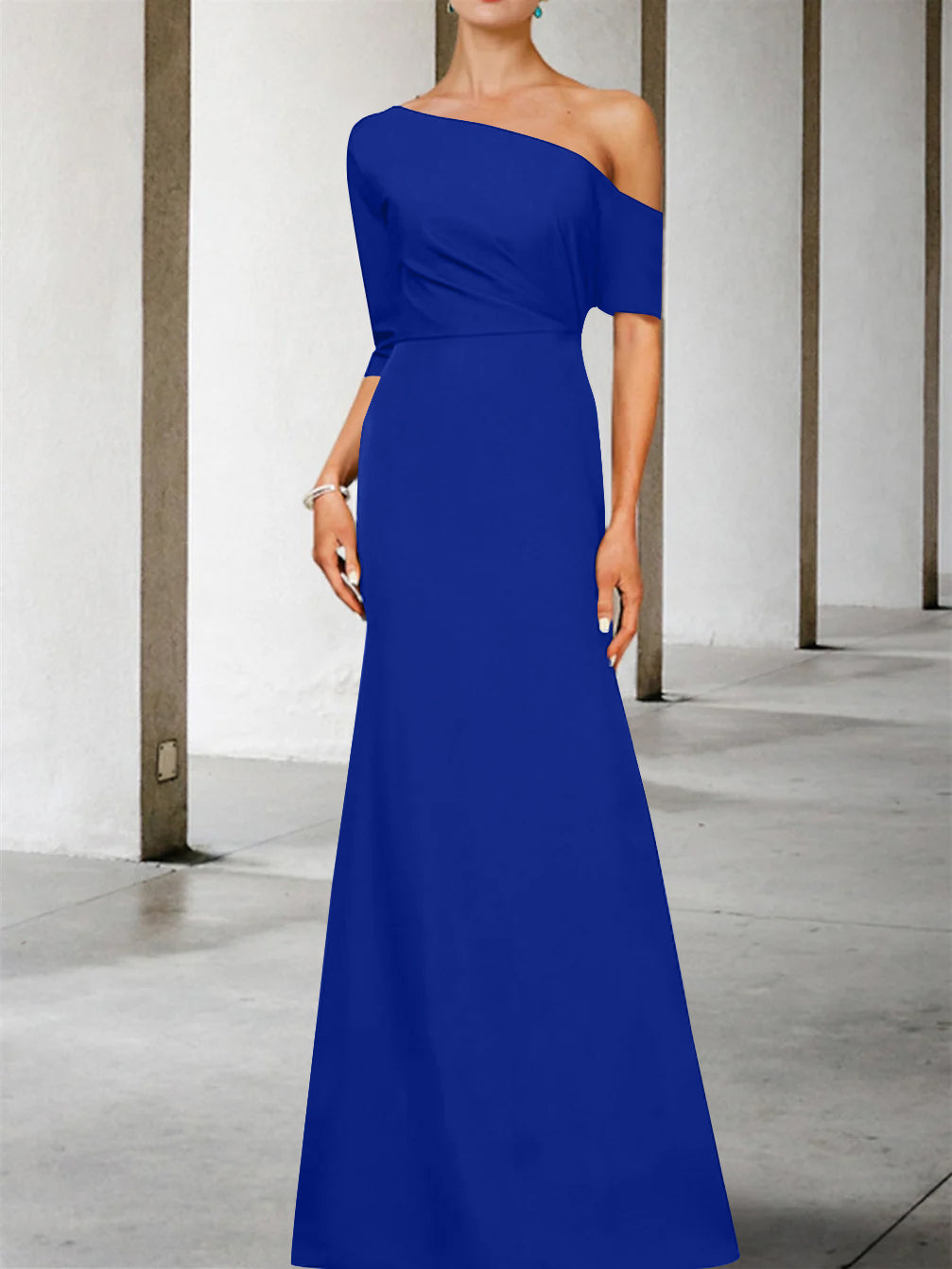 One-Shoulder A-Line Princess Gown with 3/4 Sleeves for the Mother of the Bride