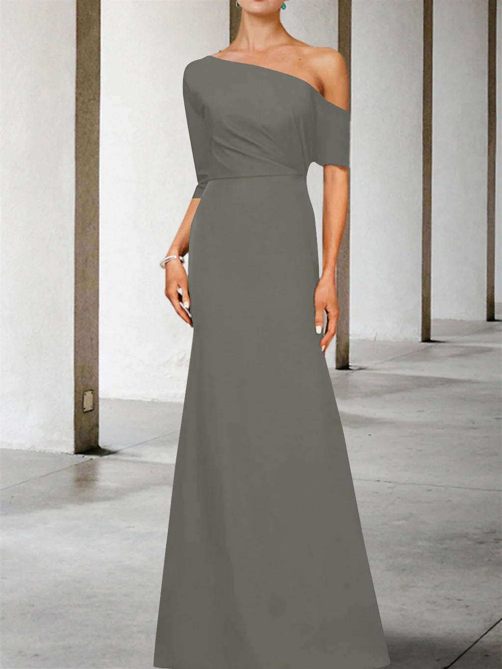 One-Shoulder A-Line Princess Gown with 3/4 Sleeves for the Mother of the Bride