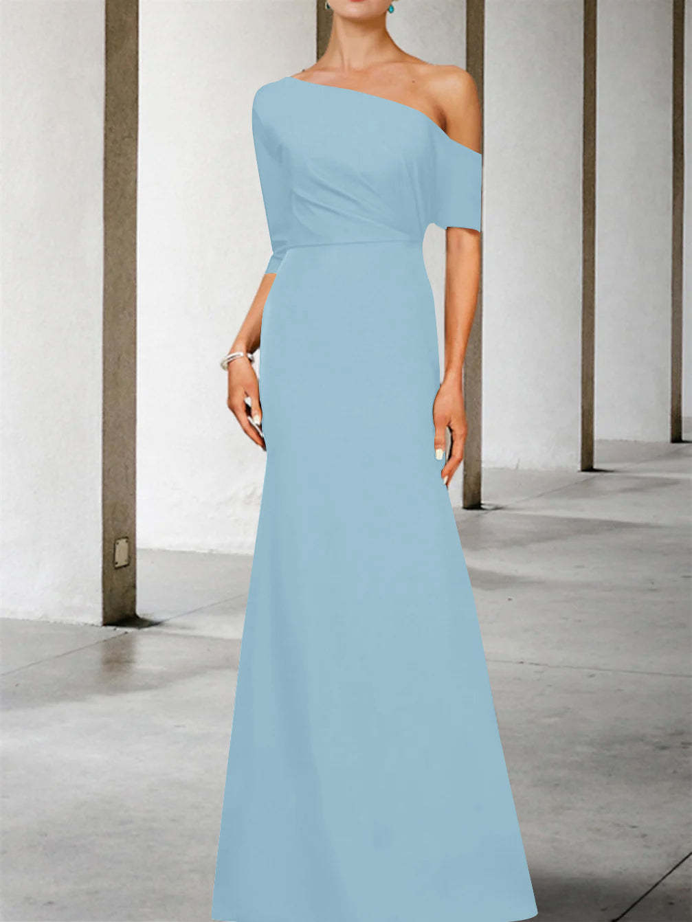One-Shoulder A-Line Princess Gown with 3/4 Sleeves for the Mother of the Bride