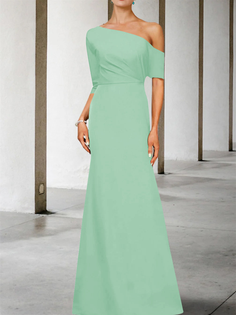One-Shoulder A-Line Princess Gown with 3/4 Sleeves for the Mother of the Bride