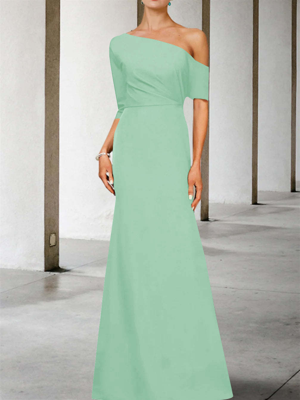 One-Shoulder A-Line Princess Gown with 3/4 Sleeves for the Mother of the Bride