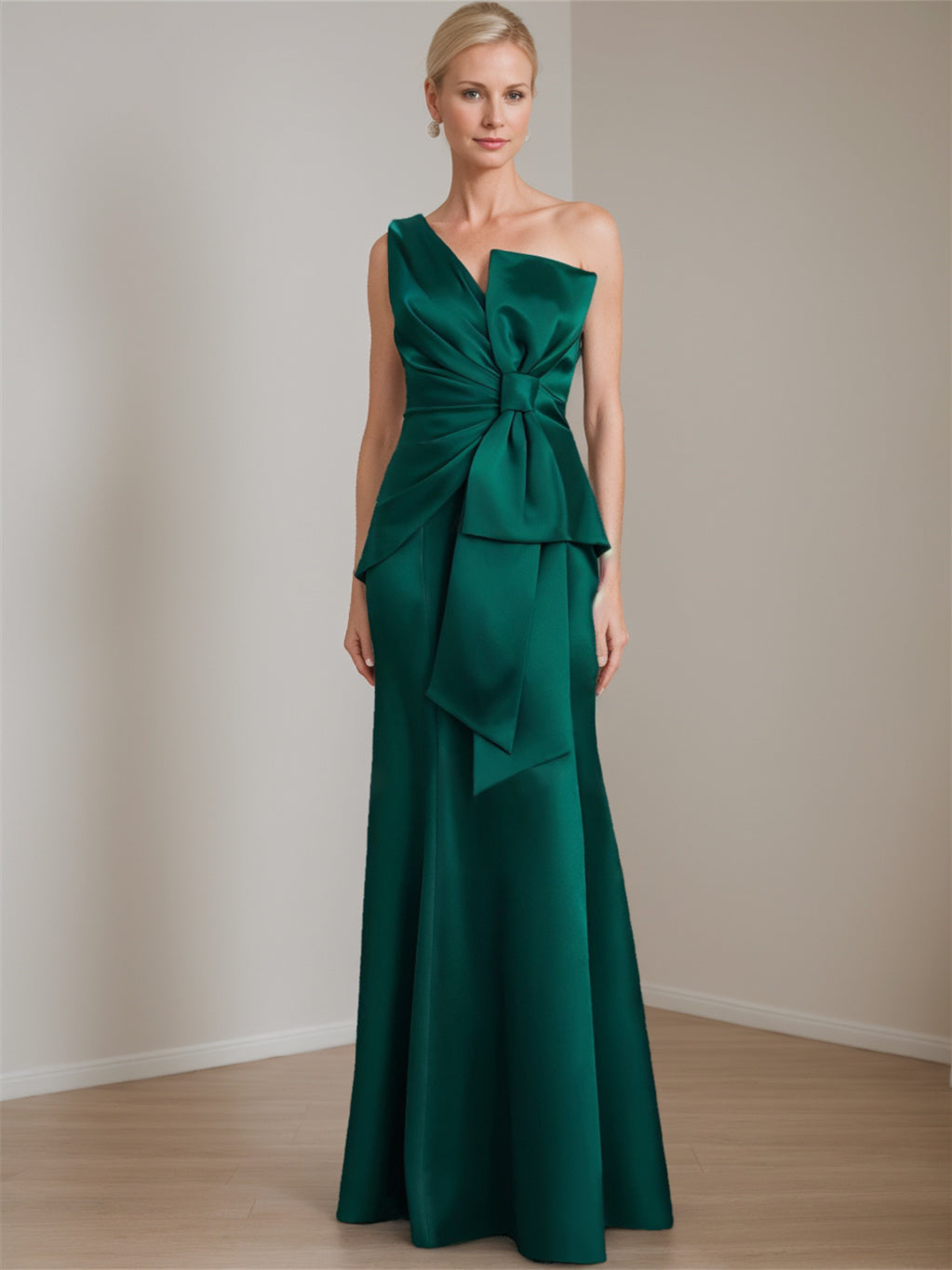 Satin Floor-Length Sleeveless One-Shoulder Bow Gown for the Mother of the Bride