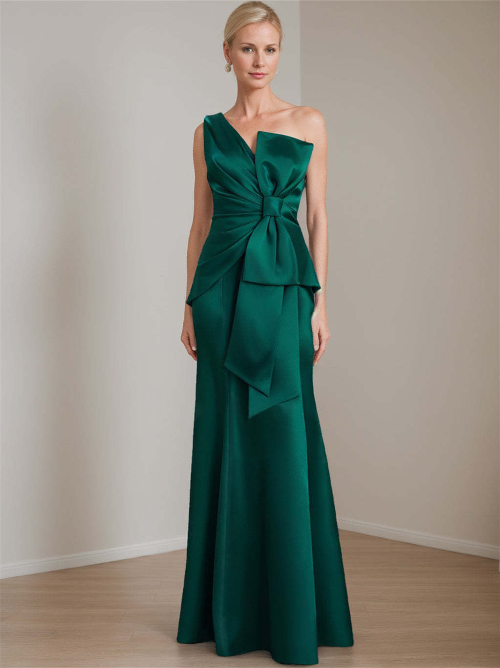 Satin Floor-Length Sleeveless One-Shoulder Bow Gown for the Mother of the Bride