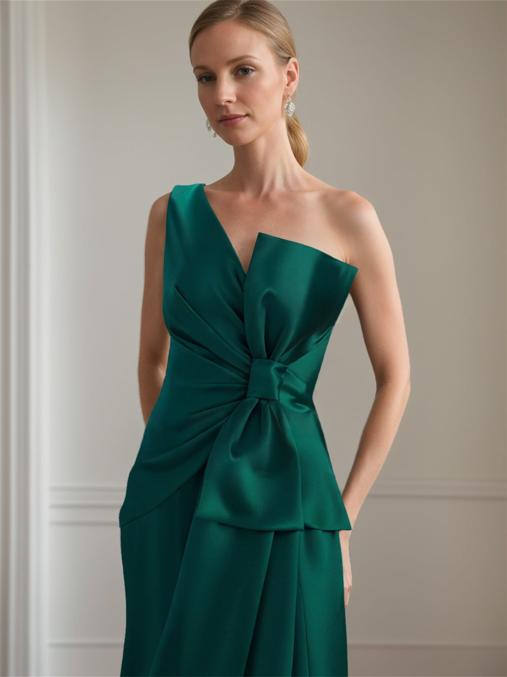 Satin Floor-Length Sleeveless One-Shoulder Bow Gown for the Mother of the Bride