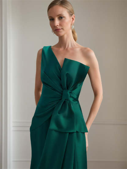 Satin Floor-Length Sleeveless One-Shoulder Bow Gown for the Mother of the Bride