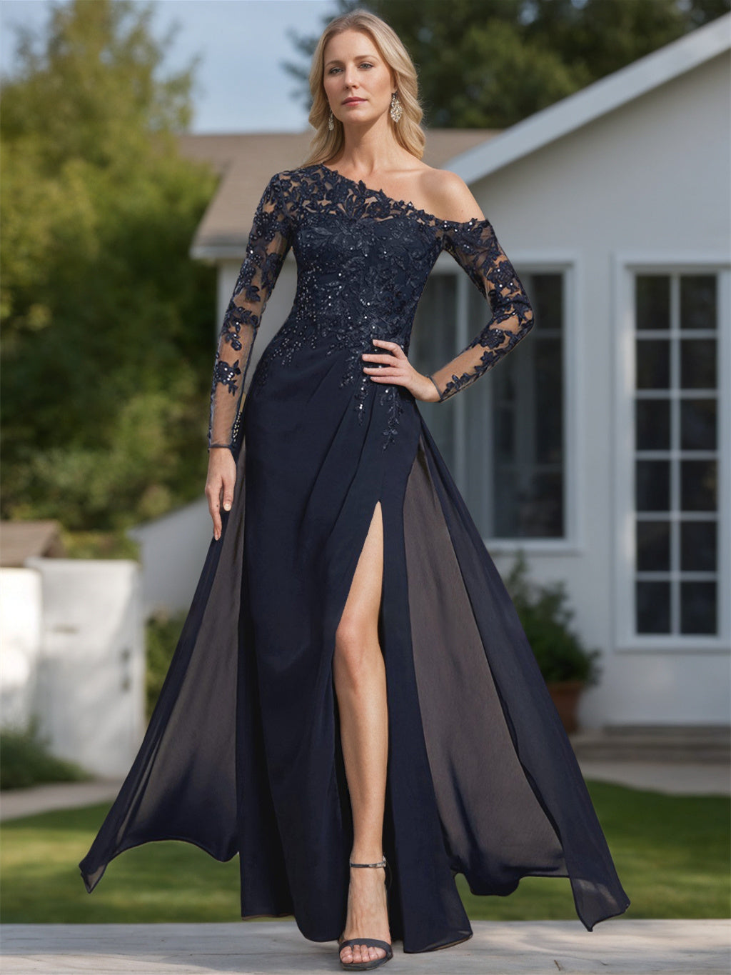 One-Shoulder Floor-Length A-Line Mother of the Bride Dress with Long Sleeves and High Slit