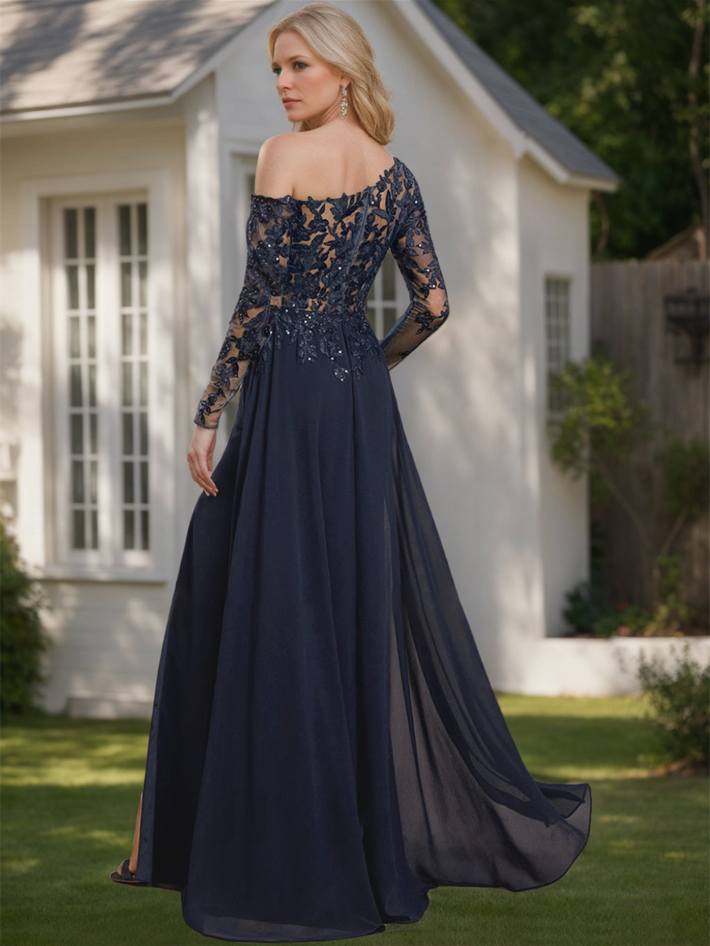 One-Shoulder Floor-Length A-Line Mother of the Bride Dress with Long Sleeves and High Slit