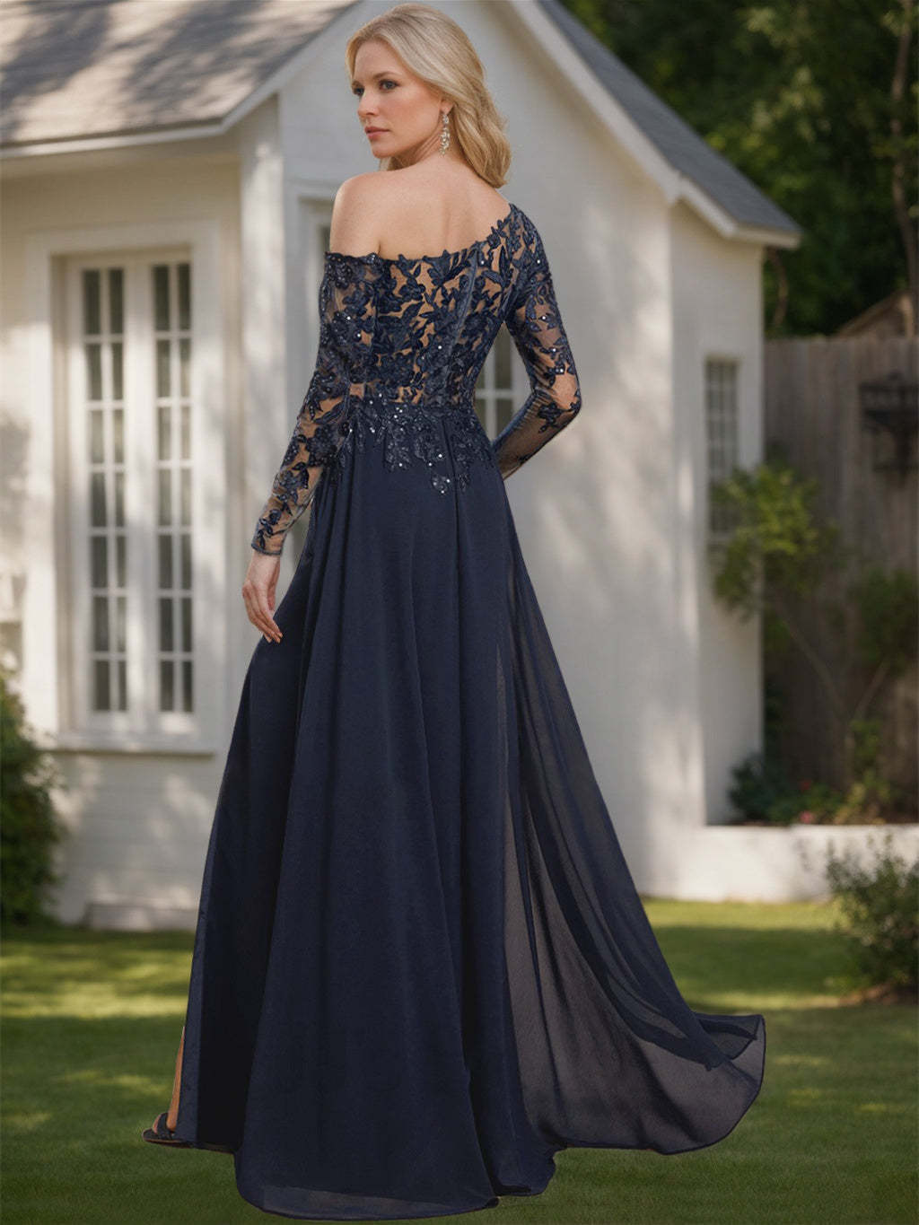 One-Shoulder Floor-Length A-Line Mother of the Bride Dress with Long Sleeves and High Slit