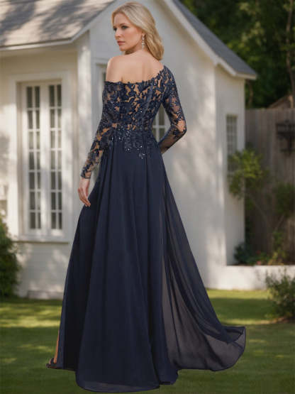 One-Shoulder Floor-Length A-Line Mother of the Bride Dress with Long Sleeves and High Slit